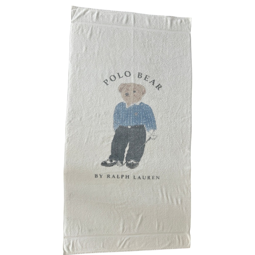 Vintage 90s Ralph Lauren Beach Towel OS White Polo Bear Golf Graphic USA Made
